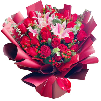 盐城22朵红玫瑰百合，爱的火焰