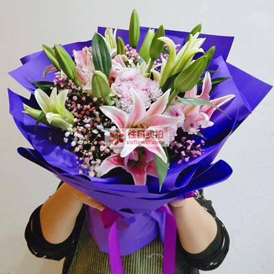 盐城6支粉色多头百合，真诚的问候